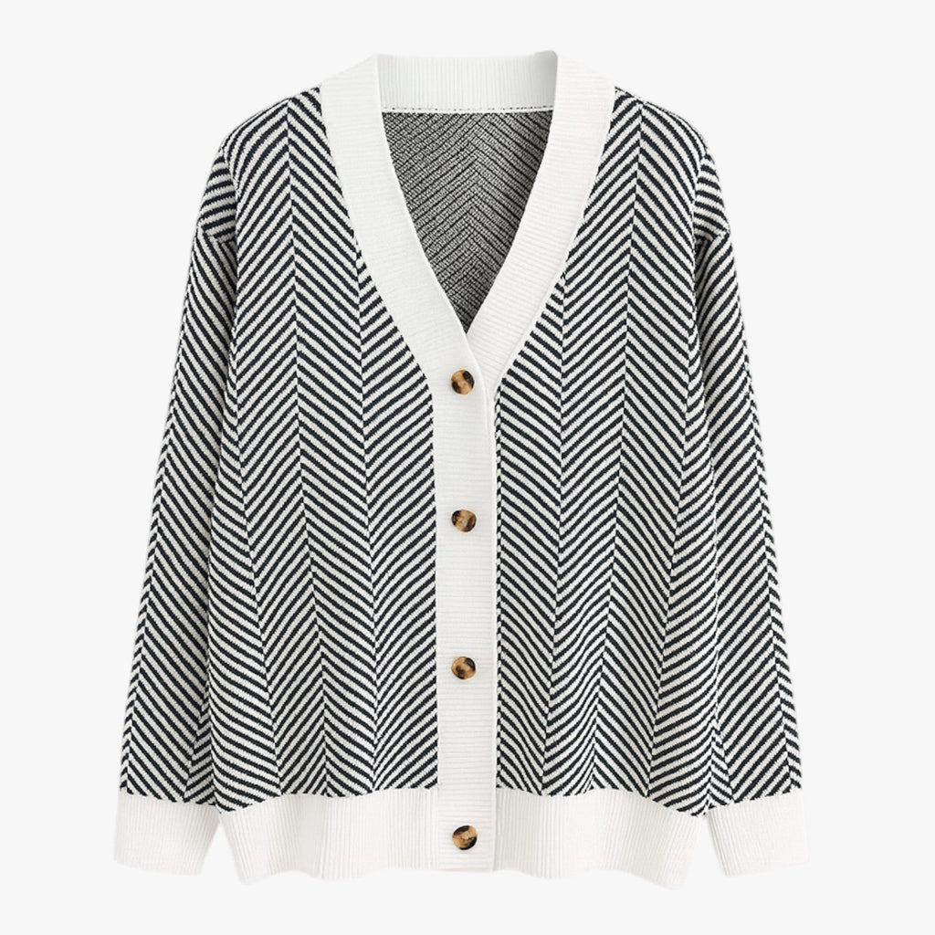Lightweight Knitted V-Neck Cardigan with Contrast Stripes