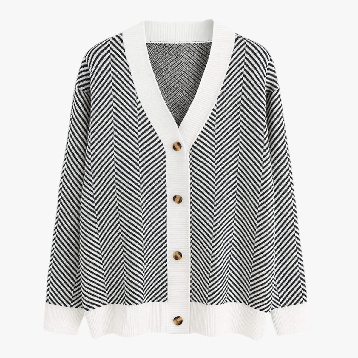 Lightweight Knitted V-Neck Cardigan with Contrast Stripes