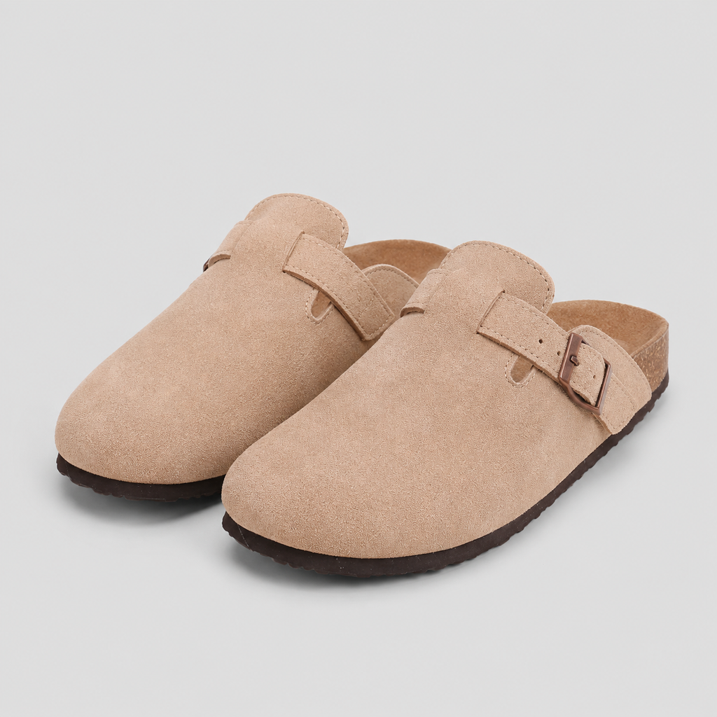 Zuecos de aspecto ante con hebilla ajustable y plantilla de corcho