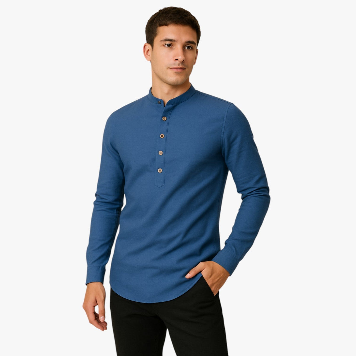 Camisa de algodón y lino para hombre con cuello coreano holgado