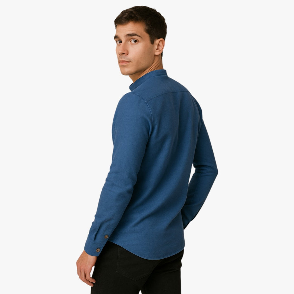 Camisa de algodón y lino para hombre con cuello coreano holgado