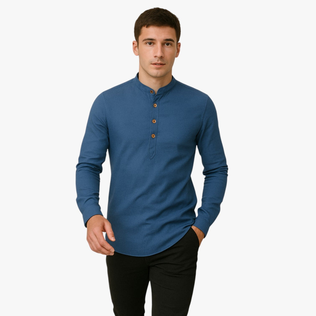 Camisa de algodón y lino para hombre con cuello coreano holgado