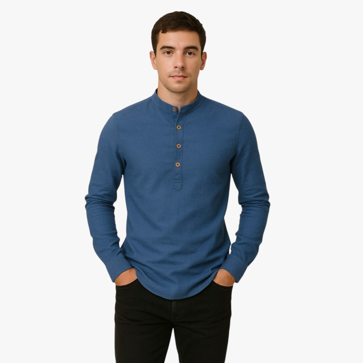 Camisa de algodón y lino para hombre con cuello coreano holgado
