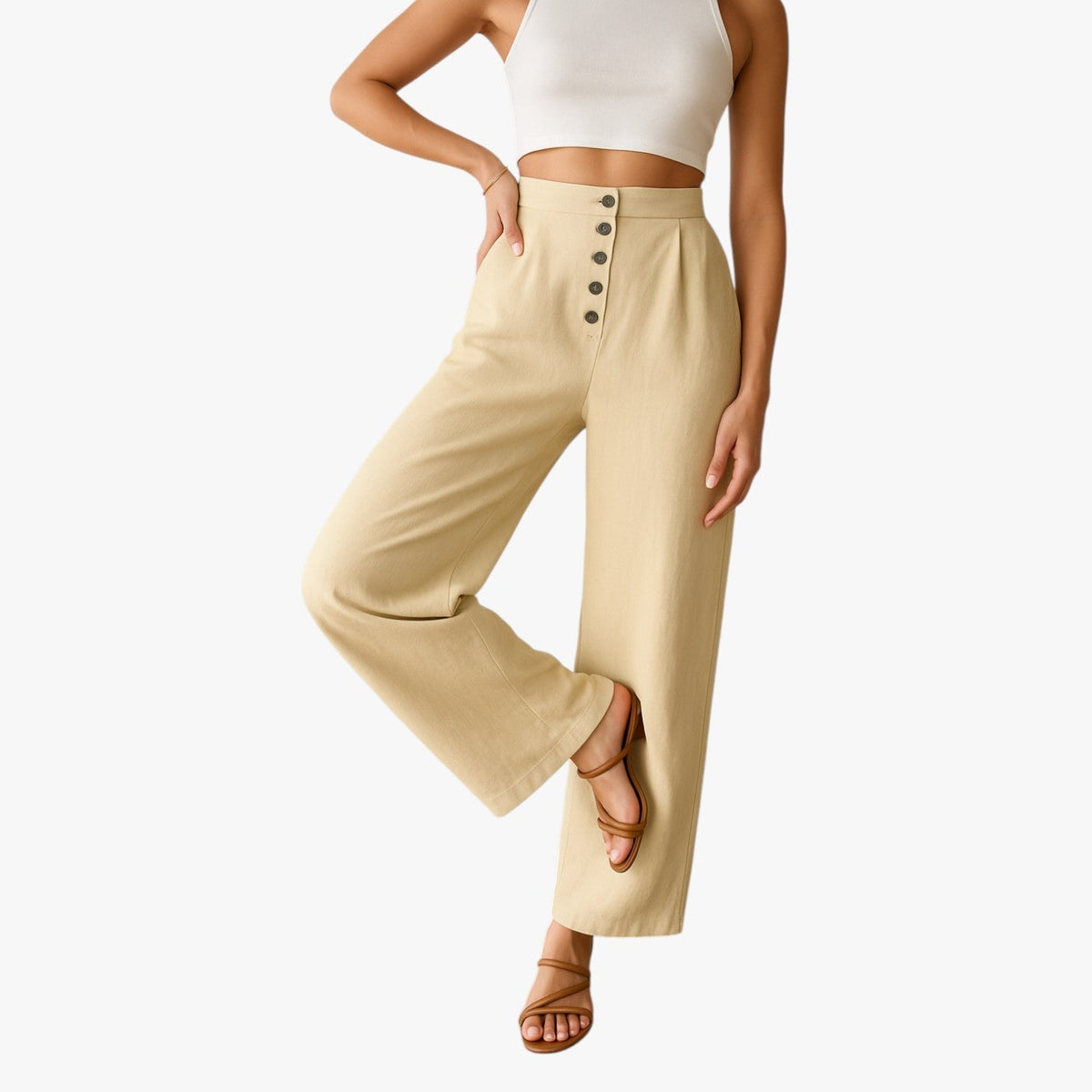Wide-Leg Linen Cotton Trousers with High Waist