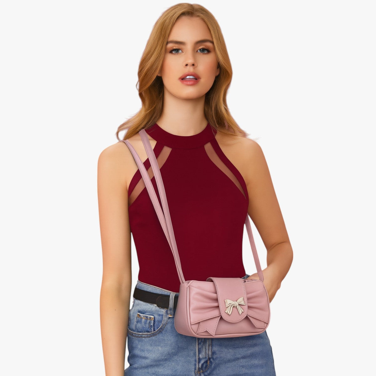 Compact Envelope Clutch with Bow Detail in PU Leather