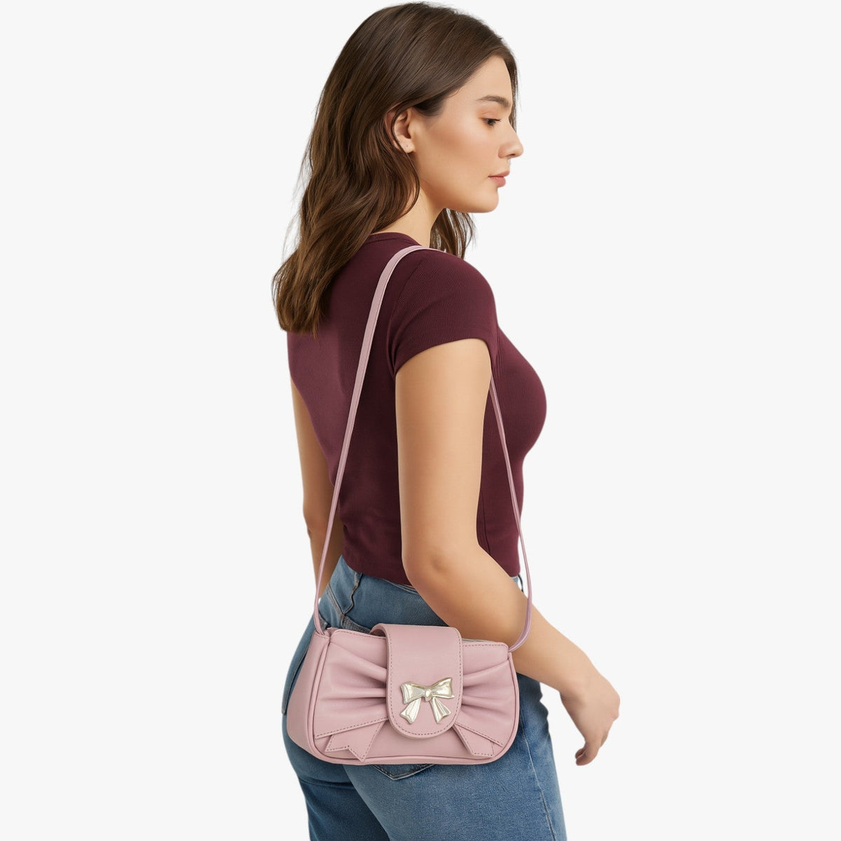Compact Envelope Clutch with Bow Detail in PU Leather