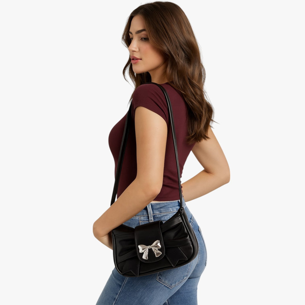 Compact Envelope Clutch with Bow Detail in PU Leather