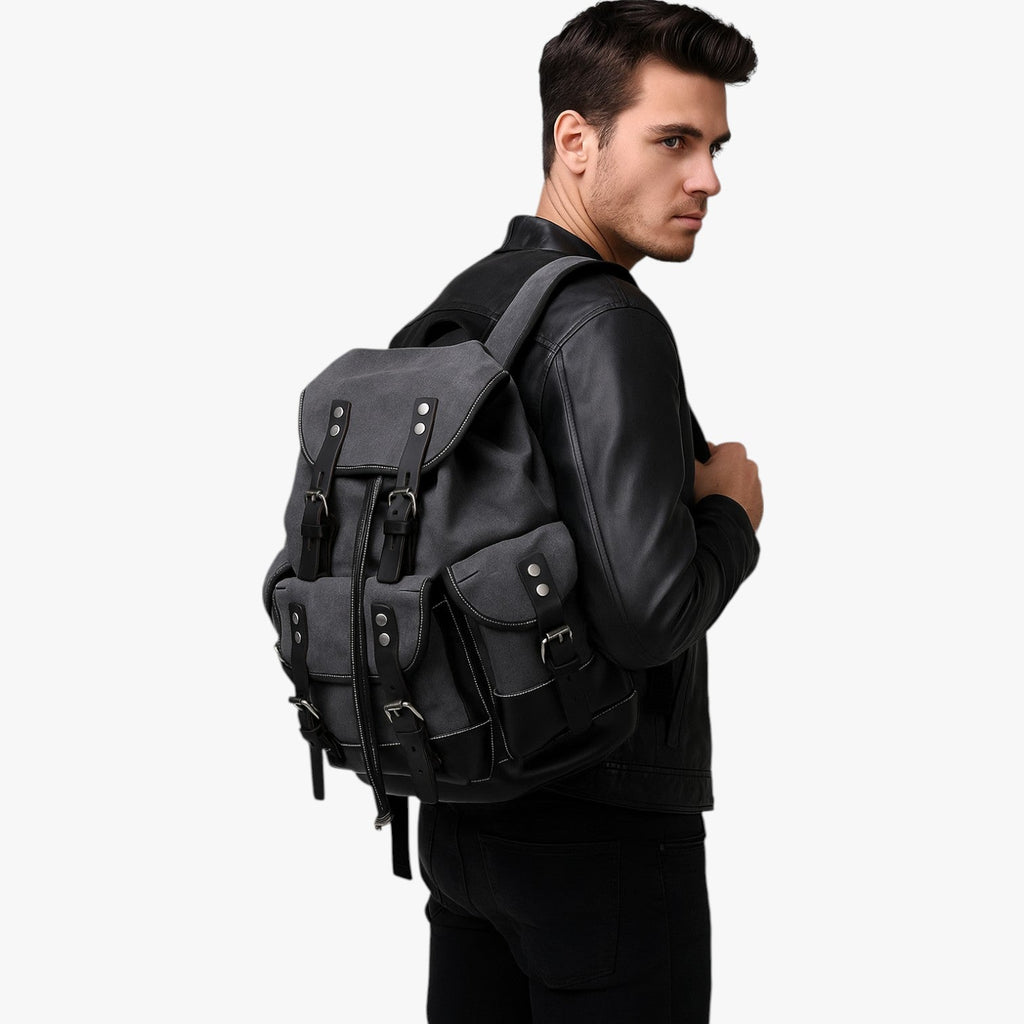 Canvas and Faux Leather Hiking Backpack with Padded Straps