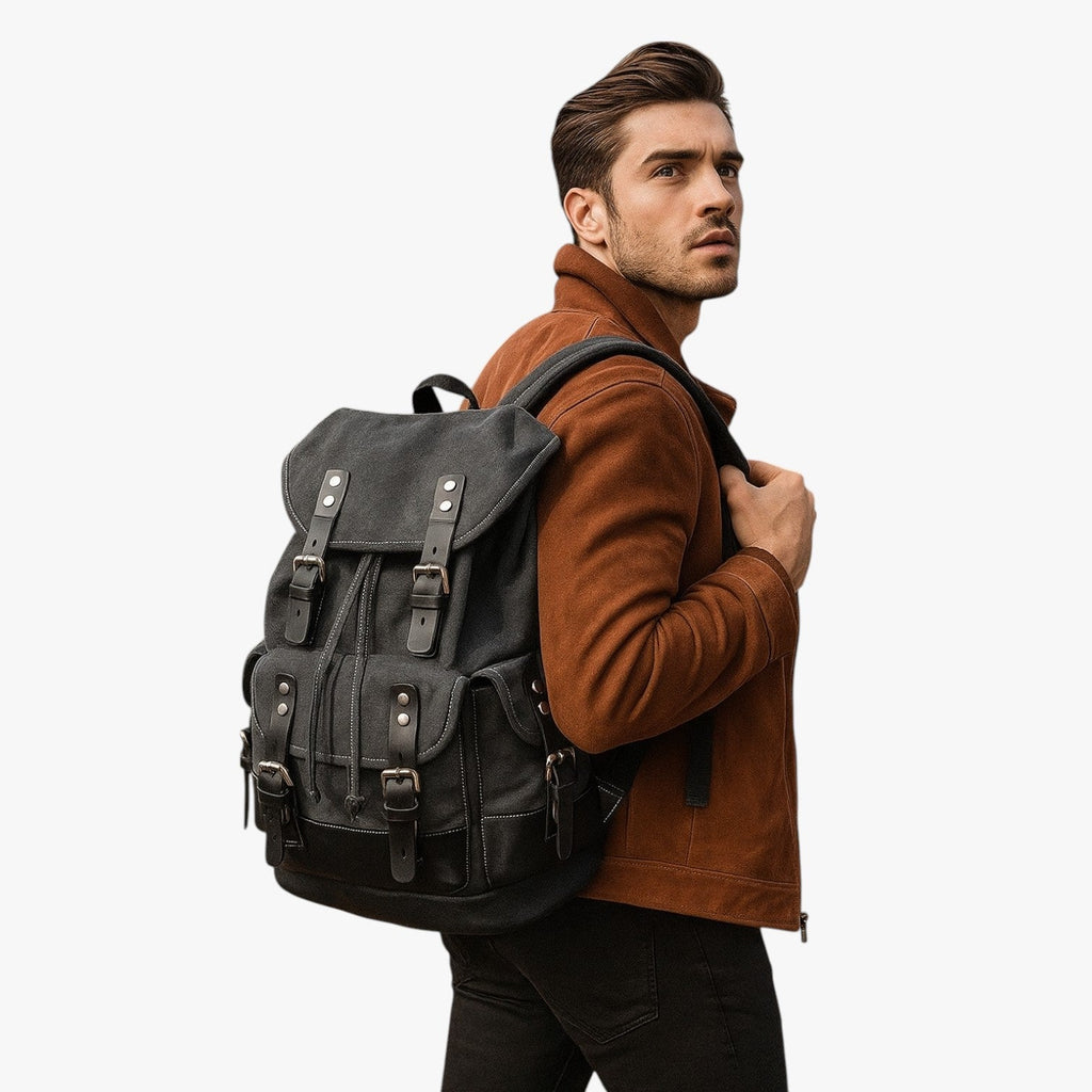 Canvas and Faux Leather Hiking Backpack with Padded Straps