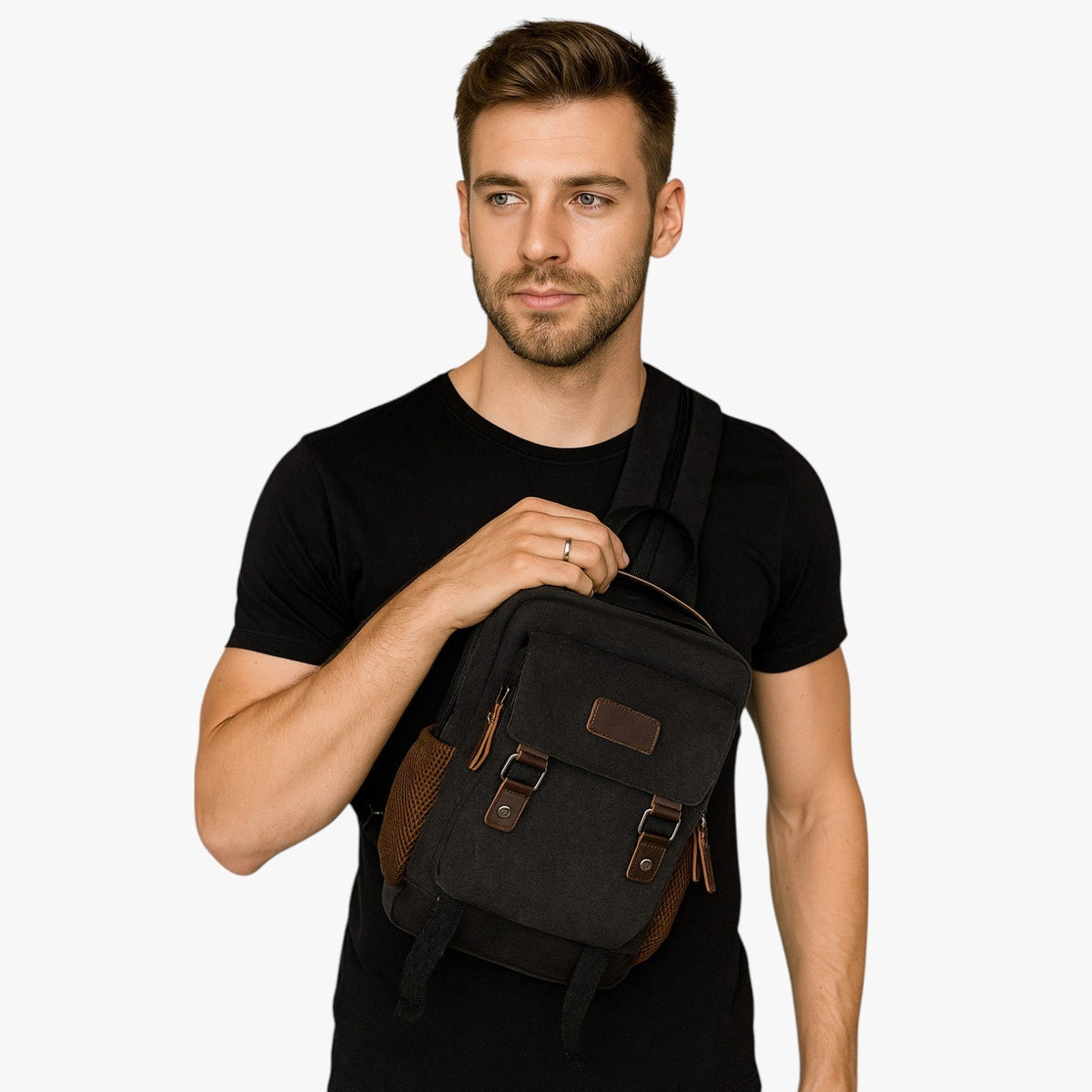 Mini mochila de lona con ribetes de piel sintética