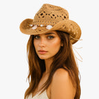 Straw Cowboy Hat with Wide Curved Brim for Summer