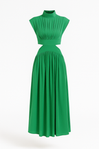 Midi Dress with a Cut-Out Waist and High Neckline