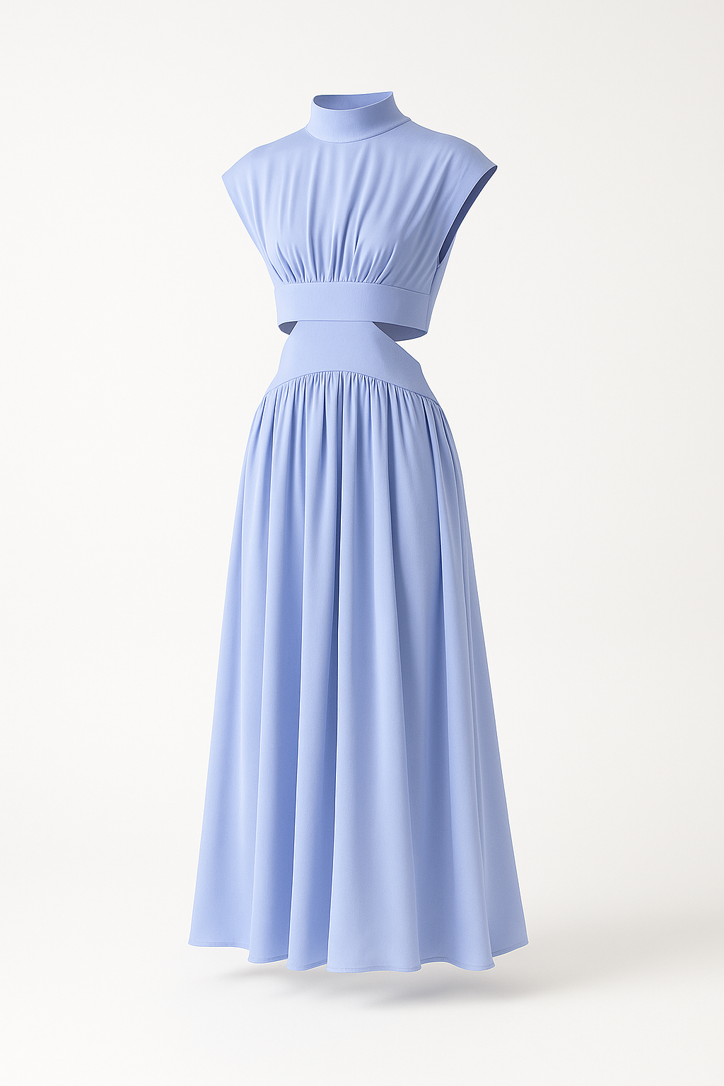 Midi Dress with a Cut-Out Waist and High Neckline