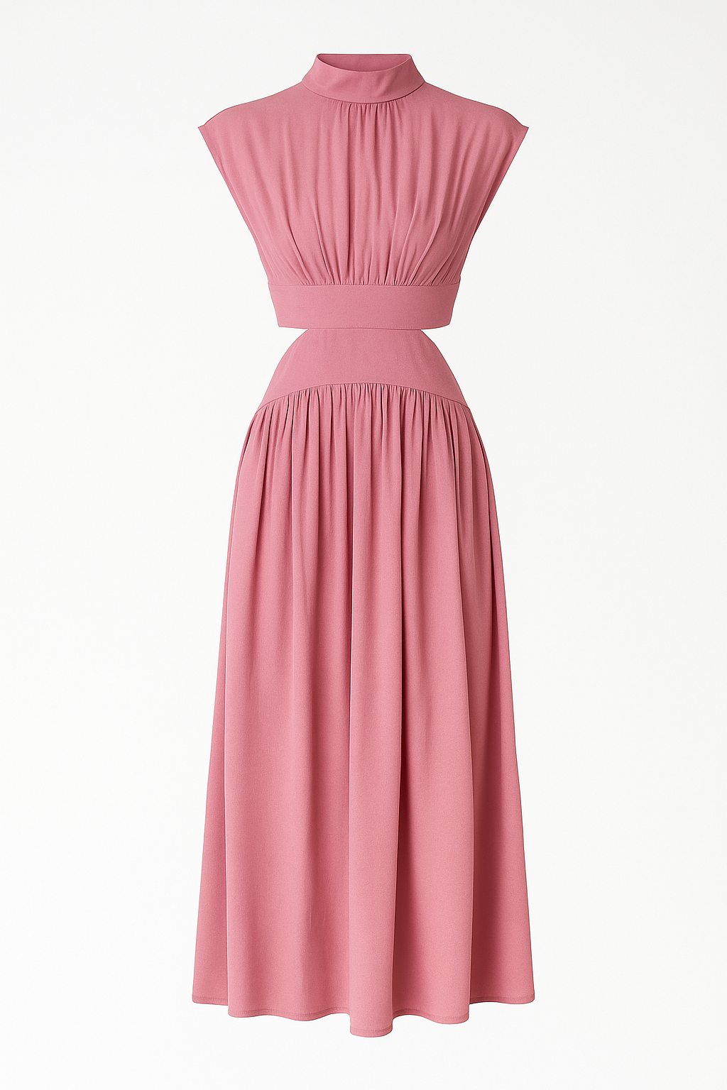 Midi Dress with a Cut-Out Waist and High Neckline