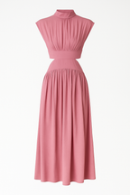 Midi Dress with a Cut-Out Waist and High Neckline