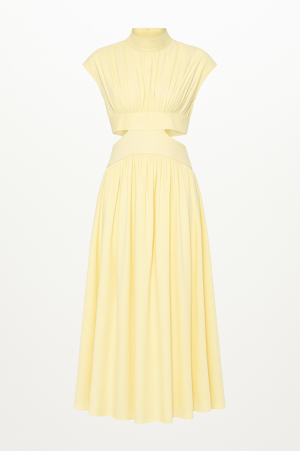 Midi Dress with a Cut-Out Waist and High Neckline