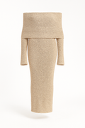 Off-Shoulder Bouclé Knit Midi Dress with Wrap Cut