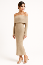 Off-Shoulder Bouclé Knit Midi Dress with Wrap Cut