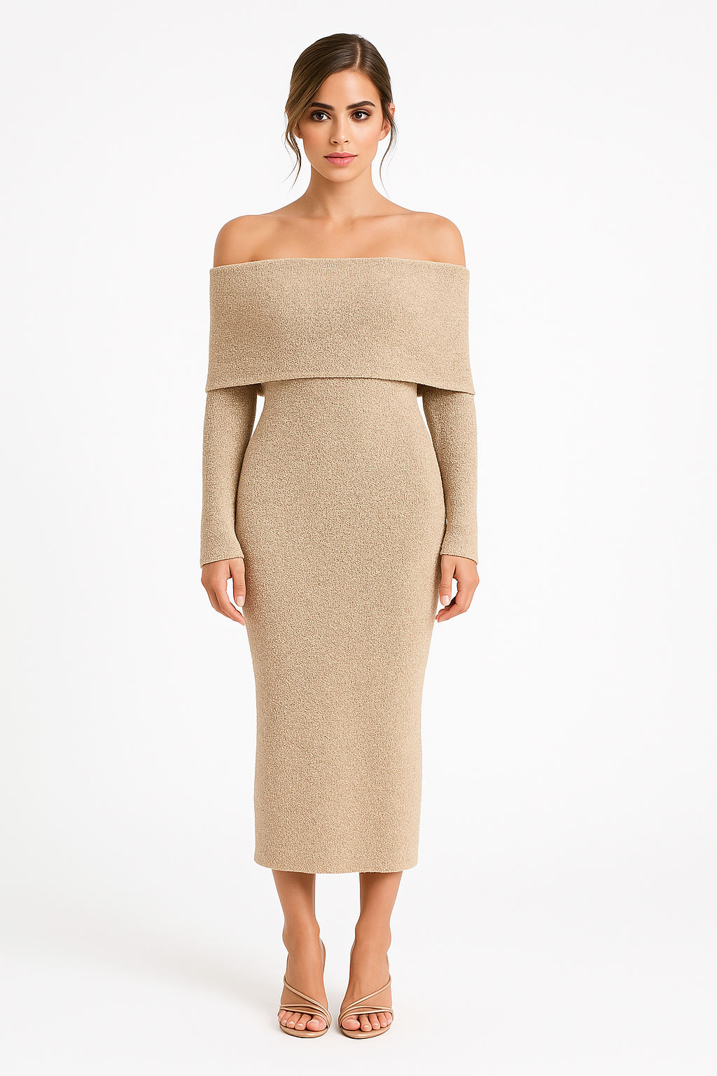 Off-Shoulder Bouclé Knit Midi Dress with Wrap Cut