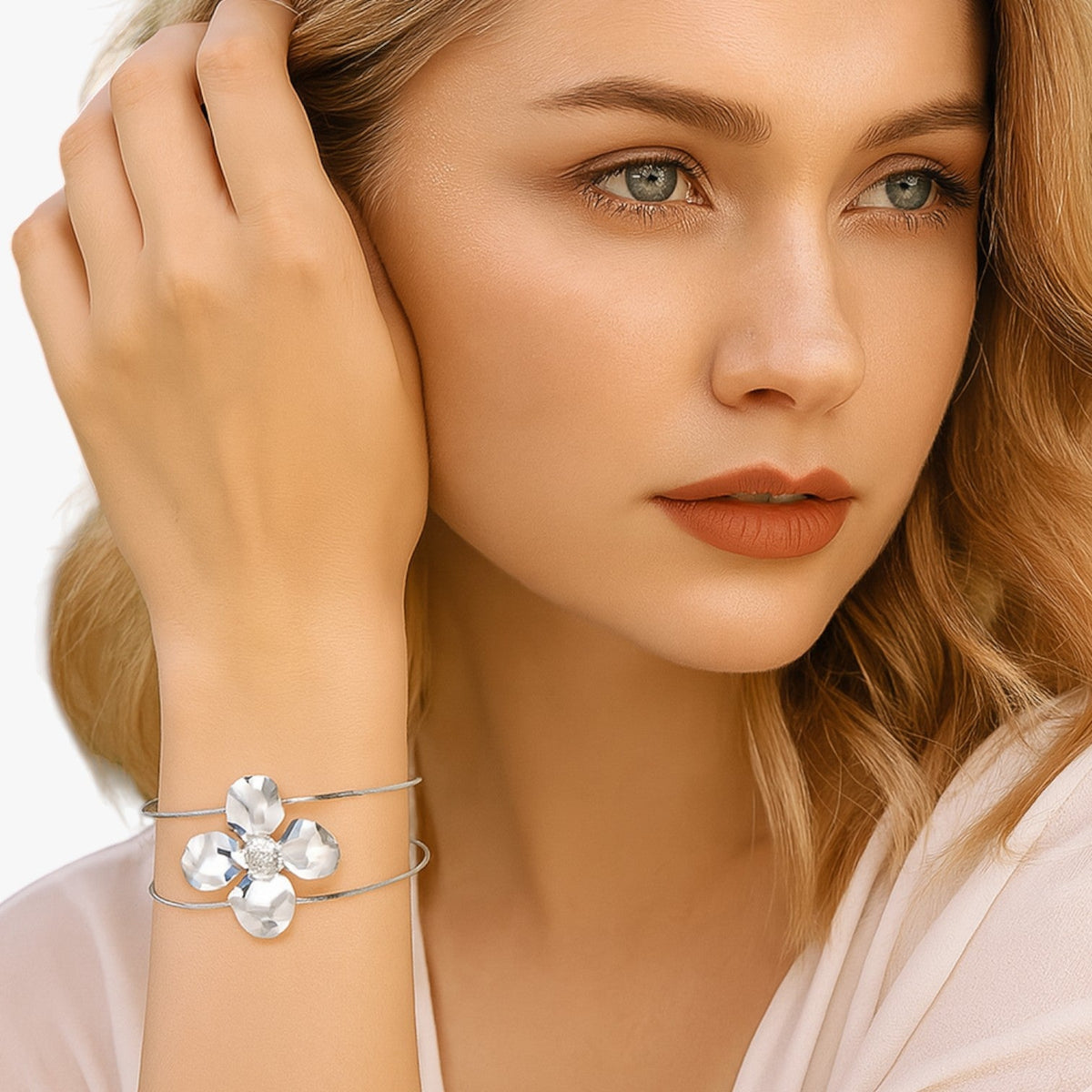 Flower Bracelet in Gold or Silver Tone, Water-Resistant and Adjustable