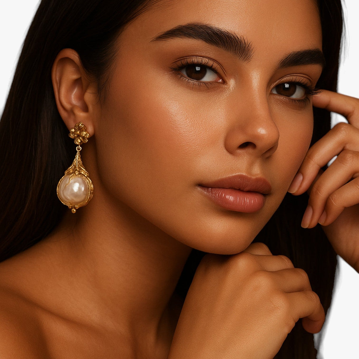 Vintage Floral Drop Earrings with Faux Pearls in Antique Gold