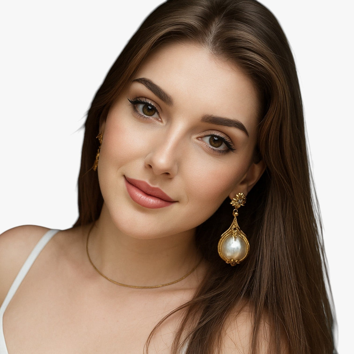 Vintage Floral Drop Earrings with Faux Pearls in Antique Gold