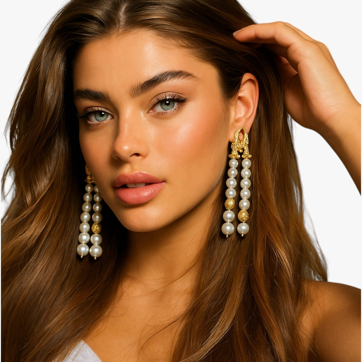 Layered Pearl Tassel Earrings with Geometric Shape