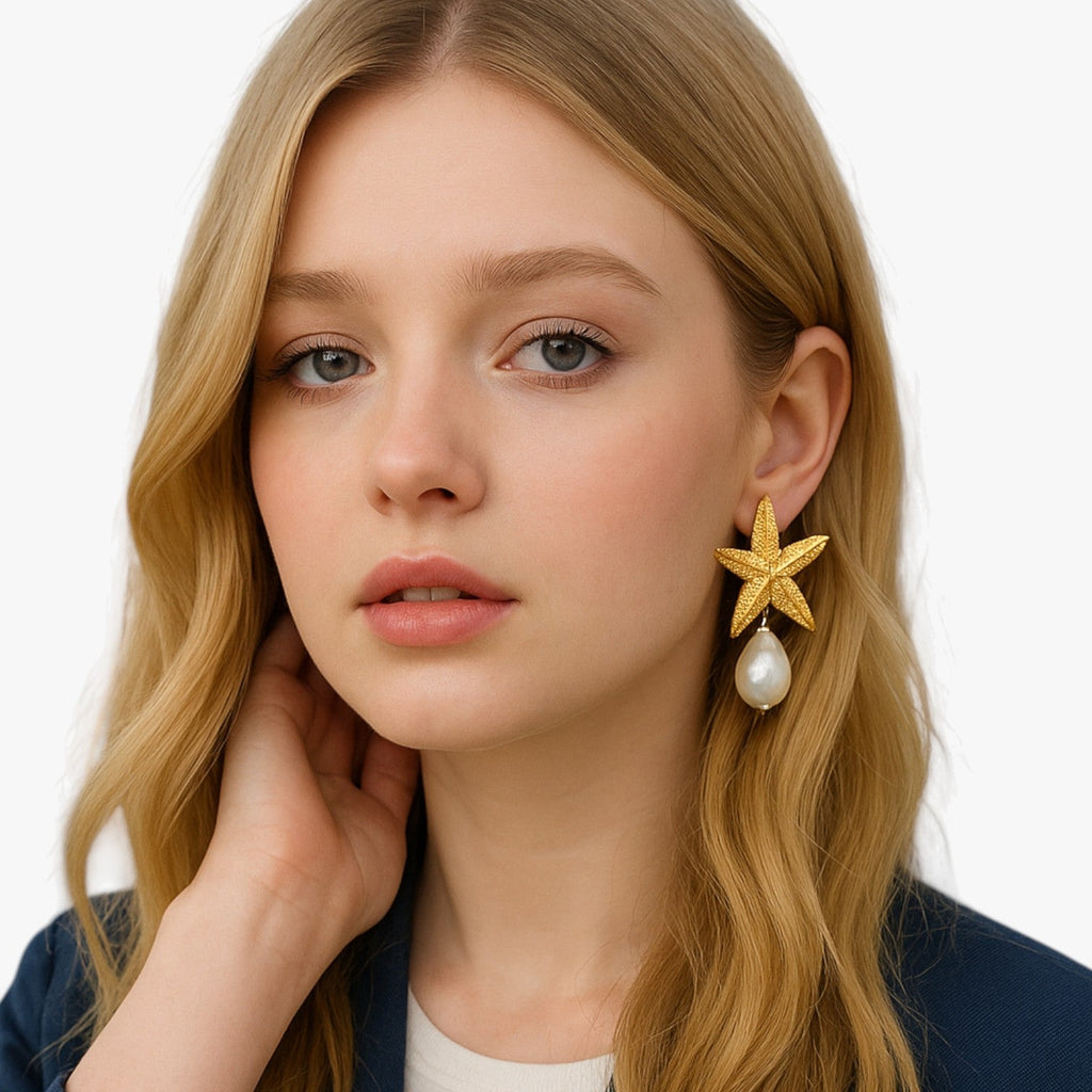 Starfish Shell-Shaped Earrings in Silver or Gold Finish
