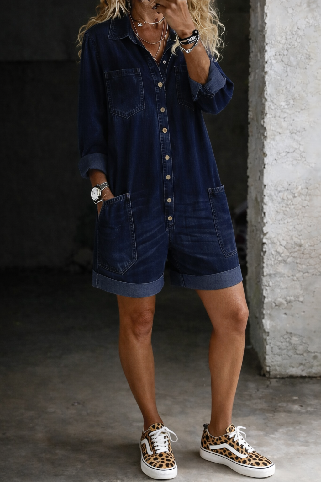 Denim Jumpsuit Shorts with Patch Pockets