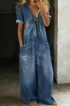 V-Neck Short Sleeve Jumpsuit with Pockets
