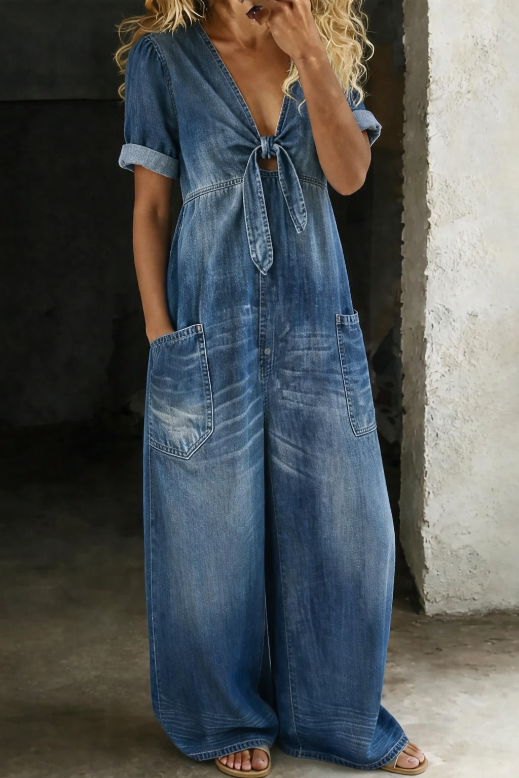 V-Neck Short Sleeve Jumpsuit with Pockets