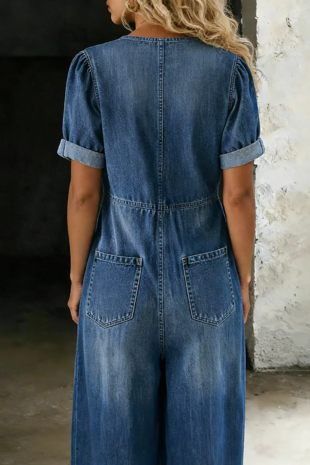 V-Neck Short Sleeve Jumpsuit with Pockets