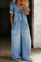 V-Neck Short Sleeve Jumpsuit with Pockets