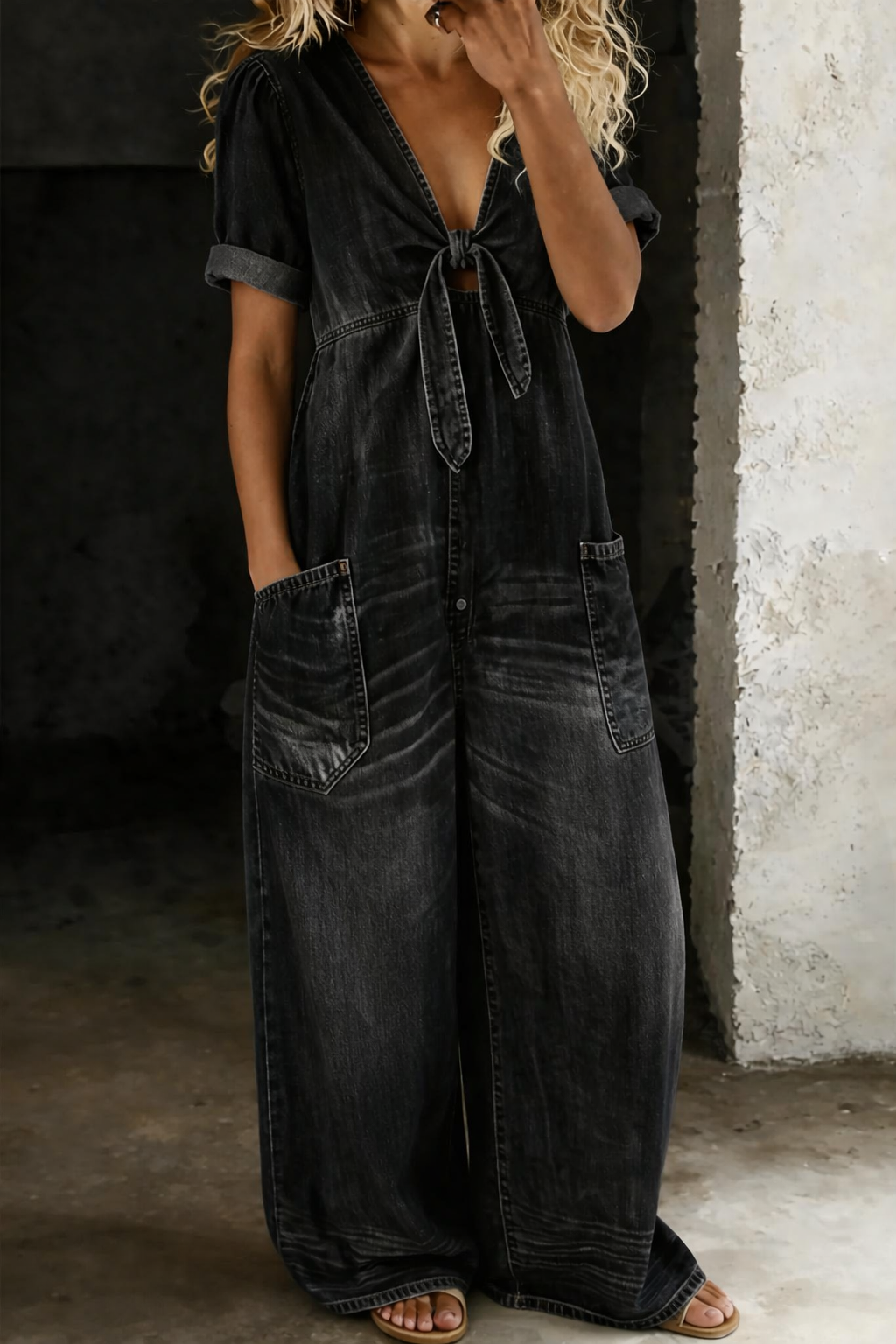 V-Neck Short Sleeve Jumpsuit with Pockets