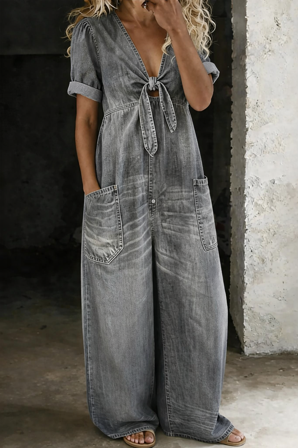 V-Neck Short Sleeve Jumpsuit with Pockets