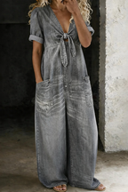 V-Neck Short Sleeve Jumpsuit with Pockets