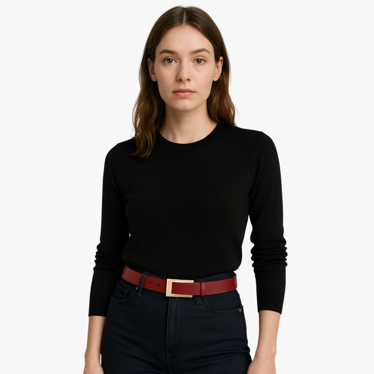 Thin Faux Leather Belt with Gold-Tone Buckle for Dresses