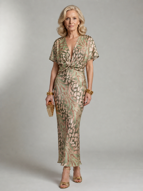 Abstract Print V-Neck Midi Dress with Twist Waist