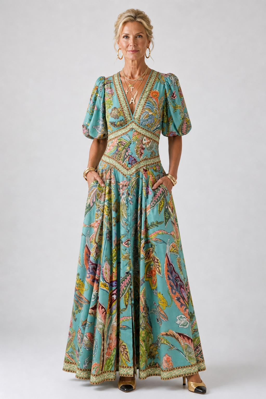 Airy Puff-Sleeve Maxi Dress with a Flattering V-Neckline