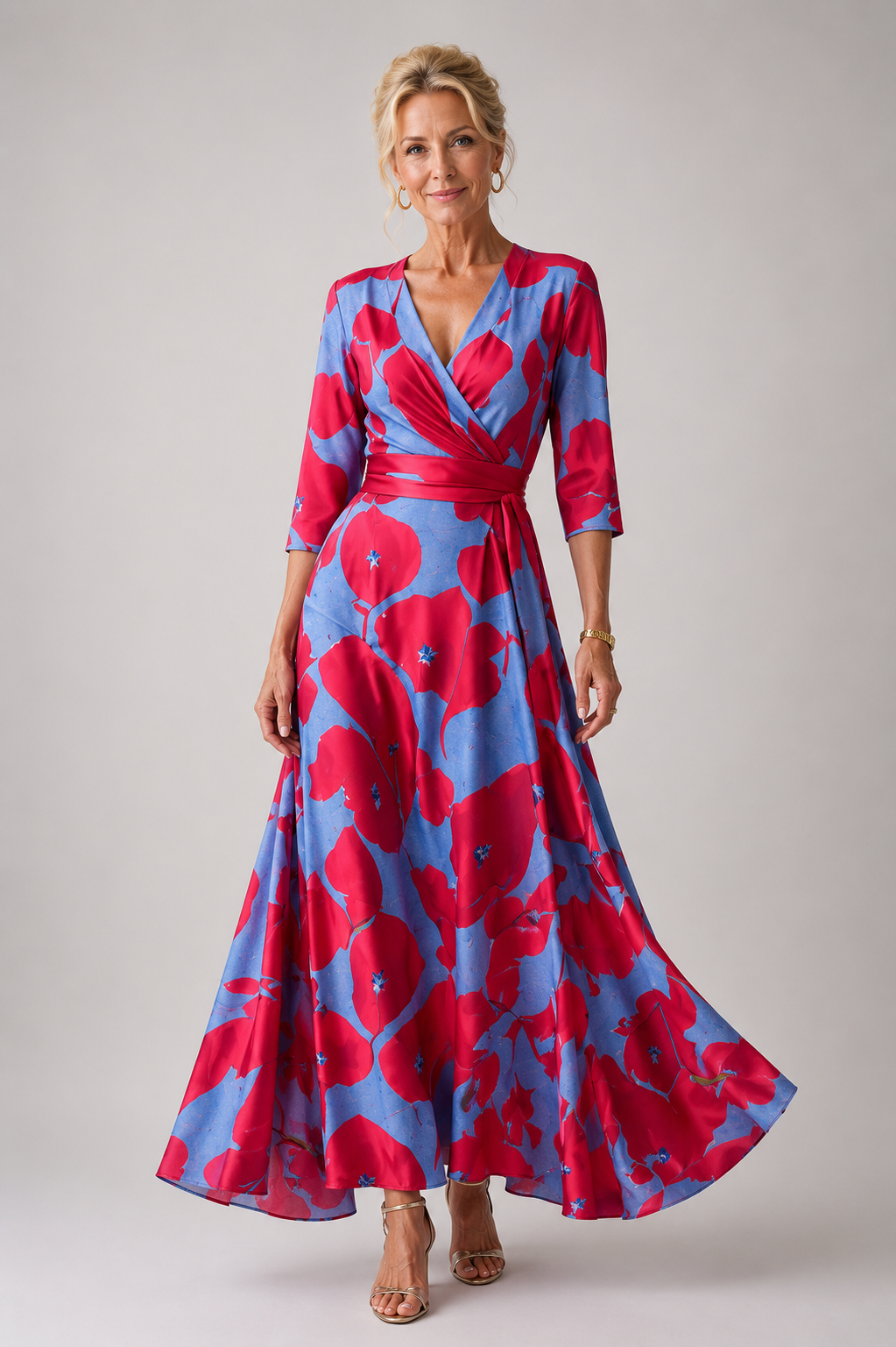 Soft V-Neck Dress with Three-Quarter Sleeves for Everyday
