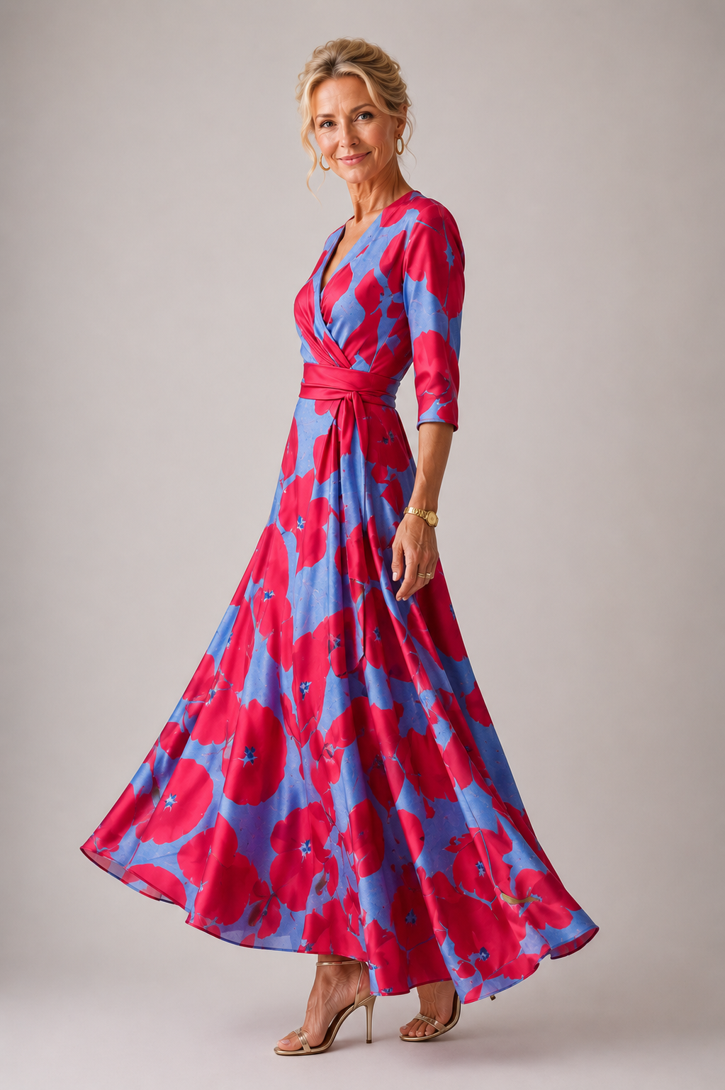 Soft V-Neck Dress with Three-Quarter Sleeves for Everyday