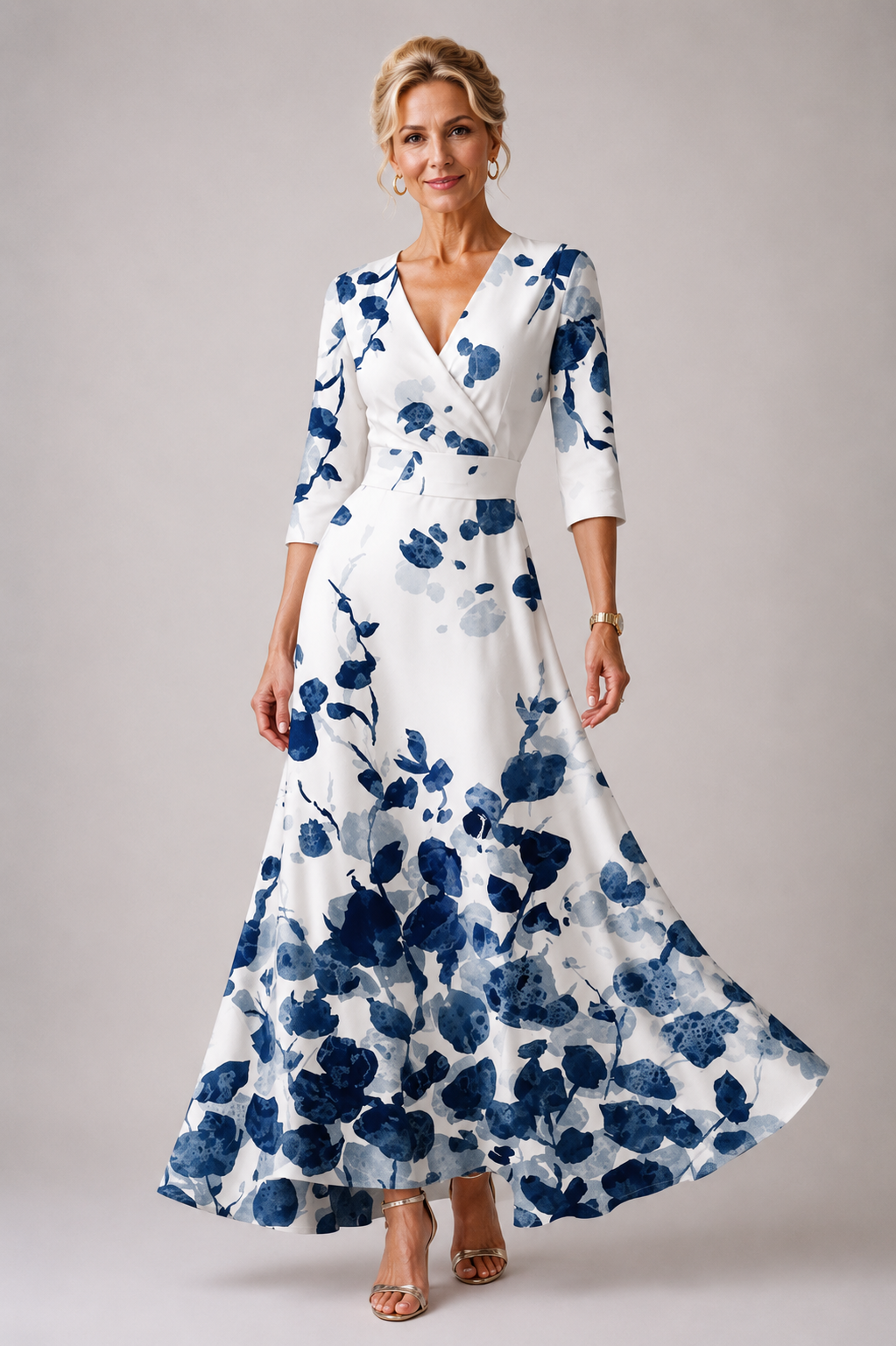 Floral Print Dress with V-Neck, Waistband and Flared Skirt