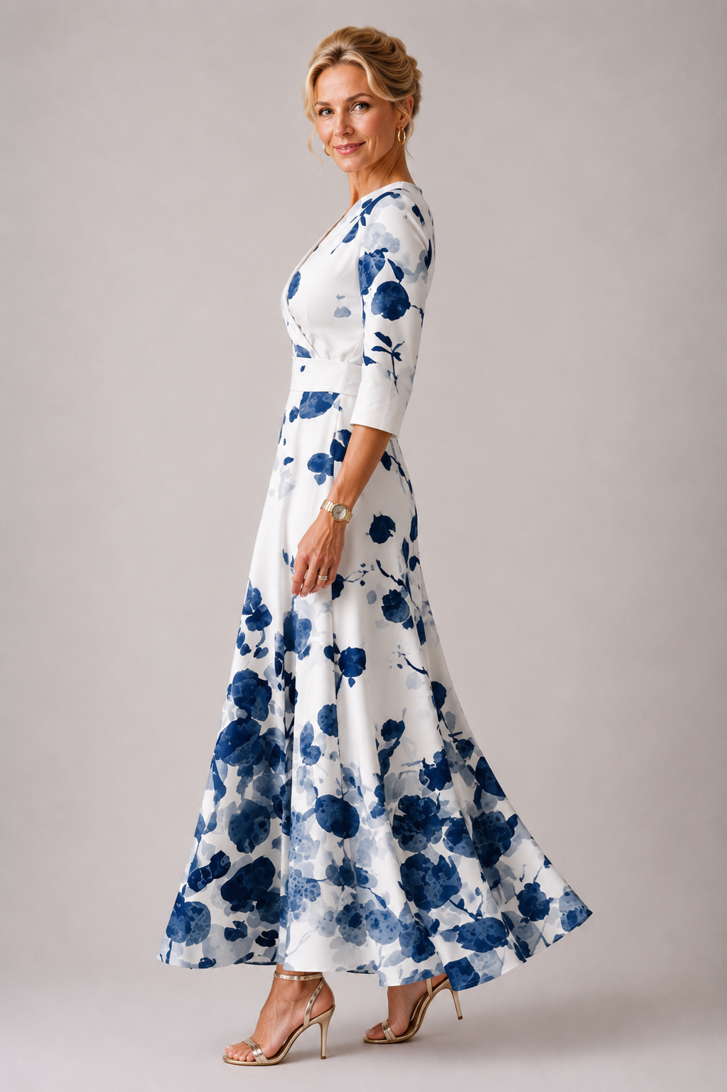 Floral Print Dress with V-Neck, Waistband and Flared Skirt