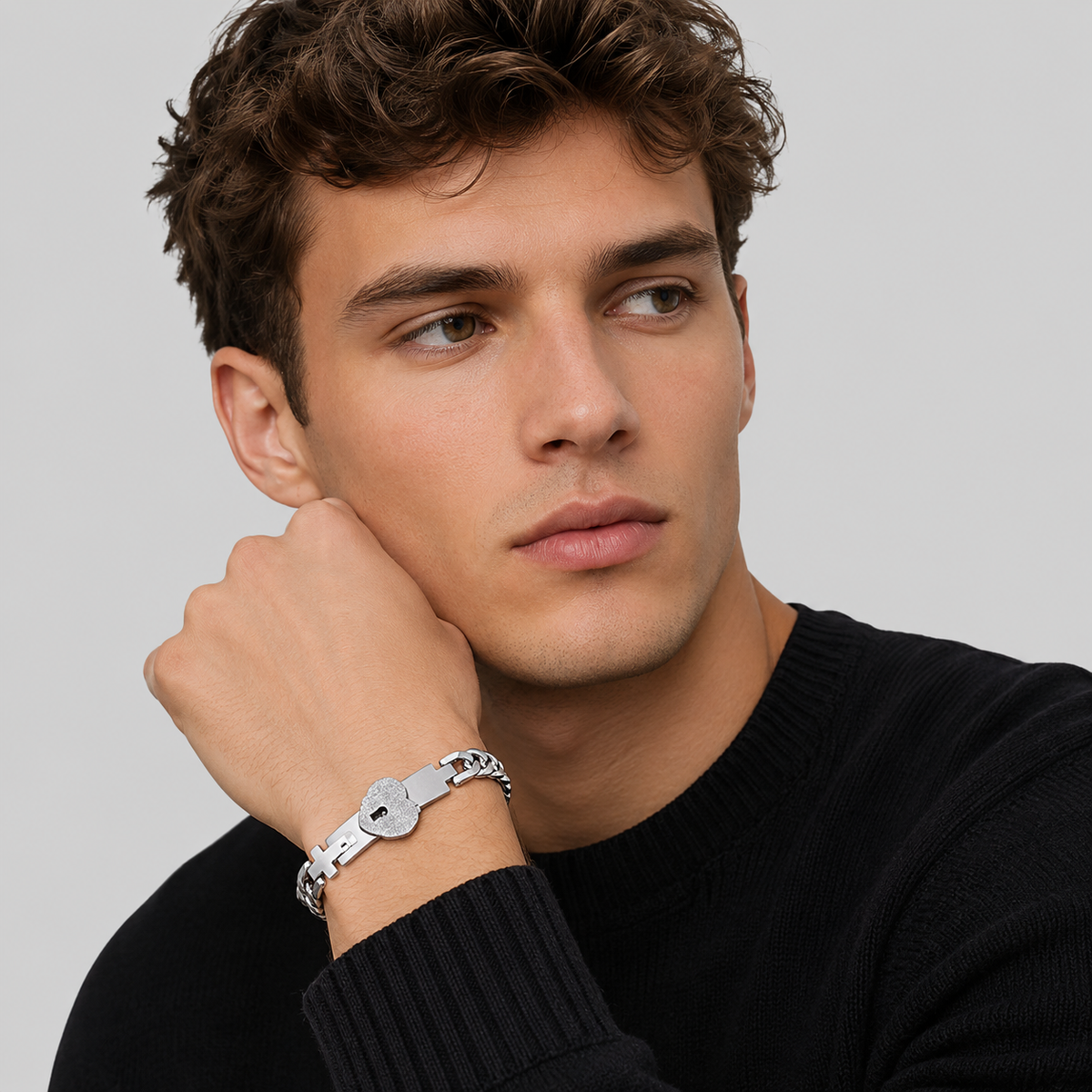 Matching Lock and Key Bracelet Set in Stainless Steel