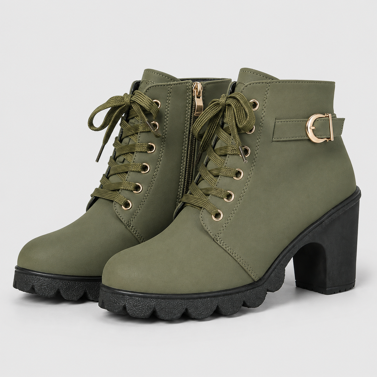 Botines con cordones, tacón ancho y cremallera lateral