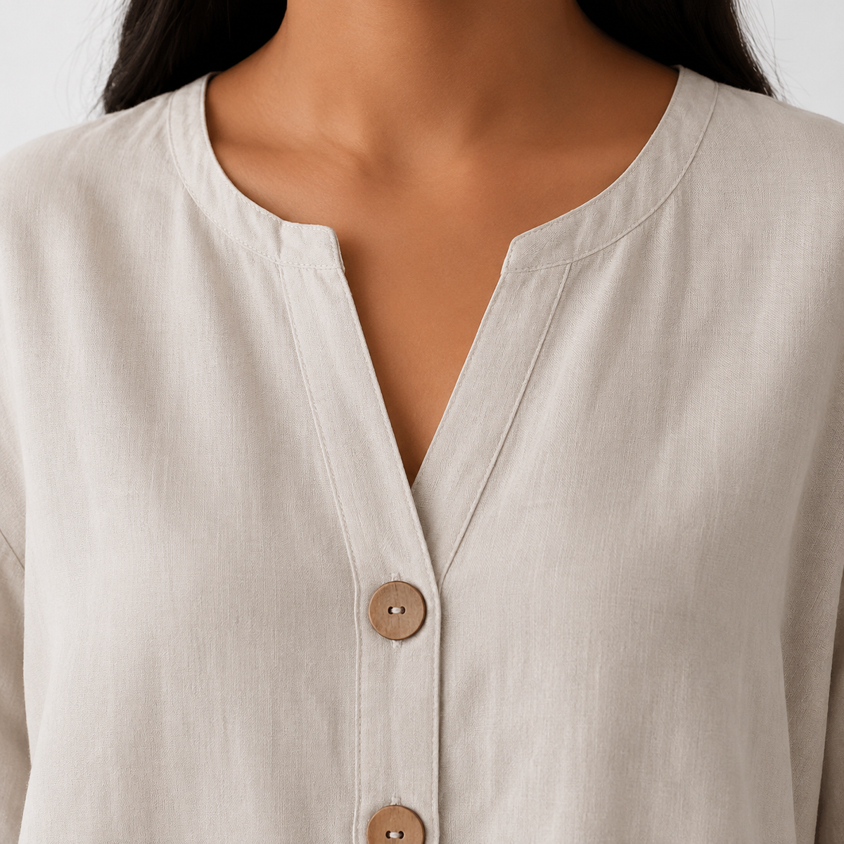 Cotton Linen Blend Blouse with V-Neck and Button Front