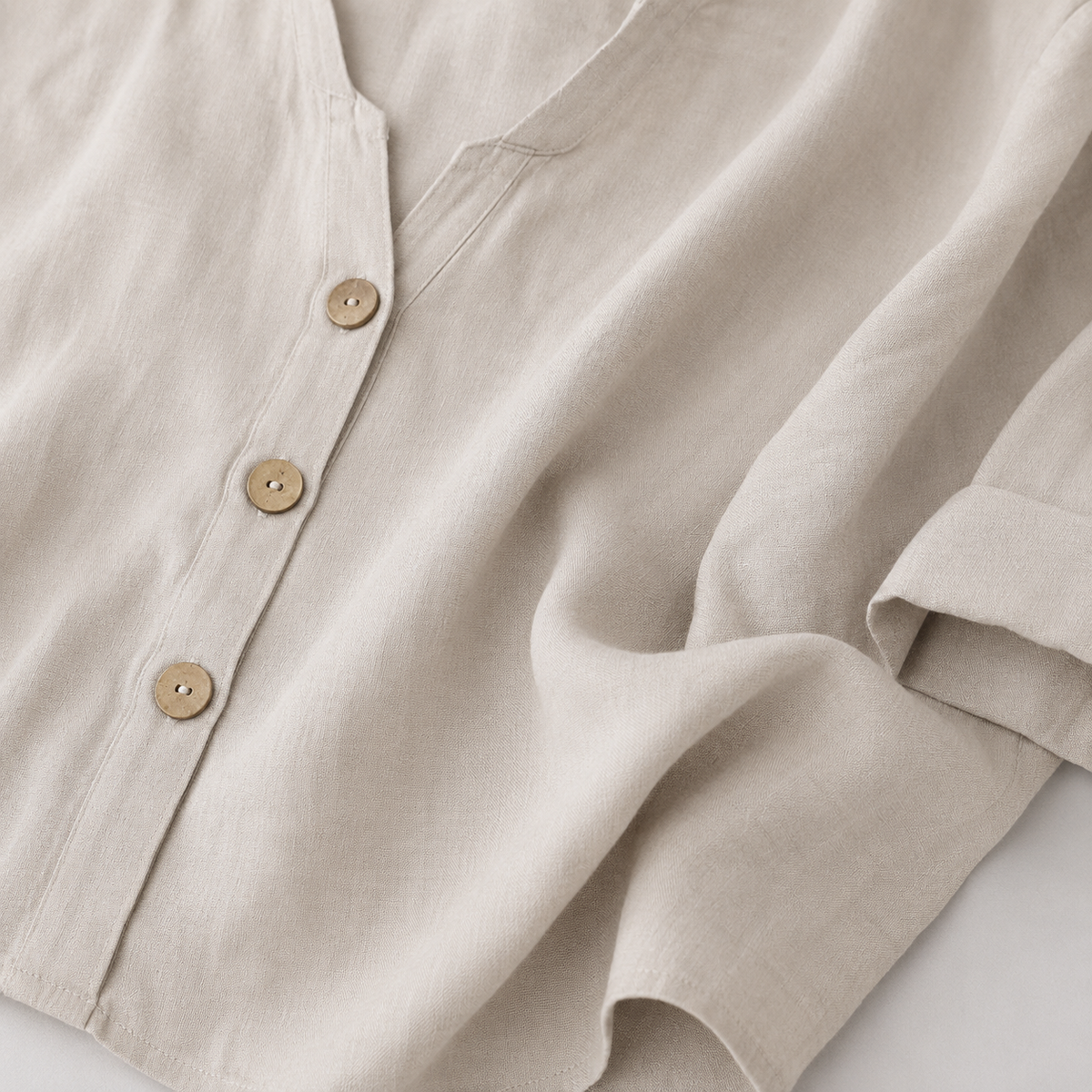 Cotton Linen Blend Blouse with V-Neck and Button Front