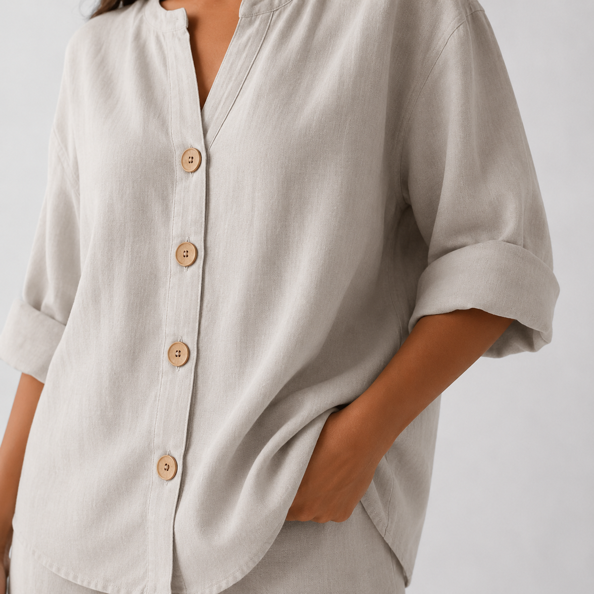 Cotton Linen Blend Blouse with V-Neck and Button Front