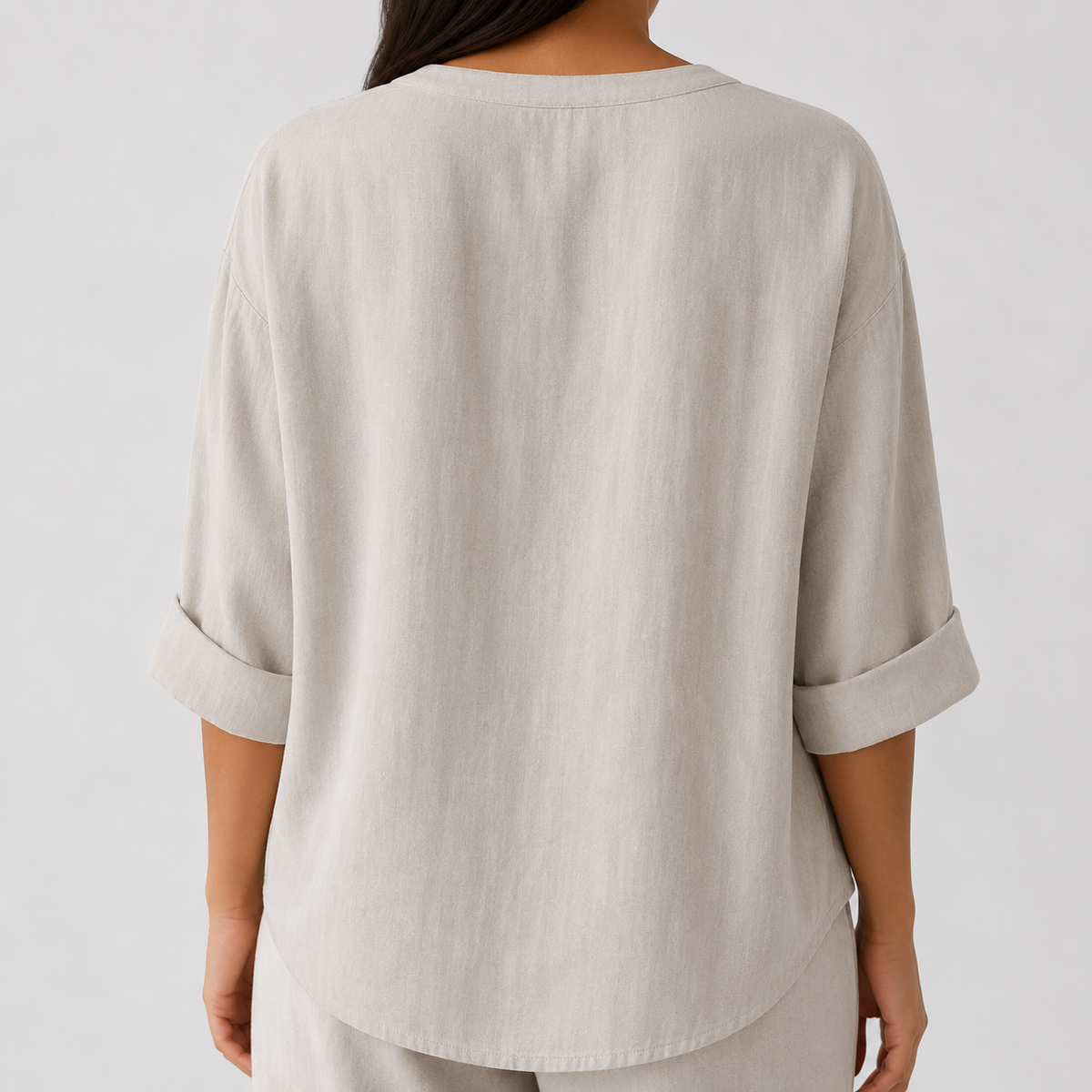 Cotton Linen Blend Blouse with V-Neck and Button Front