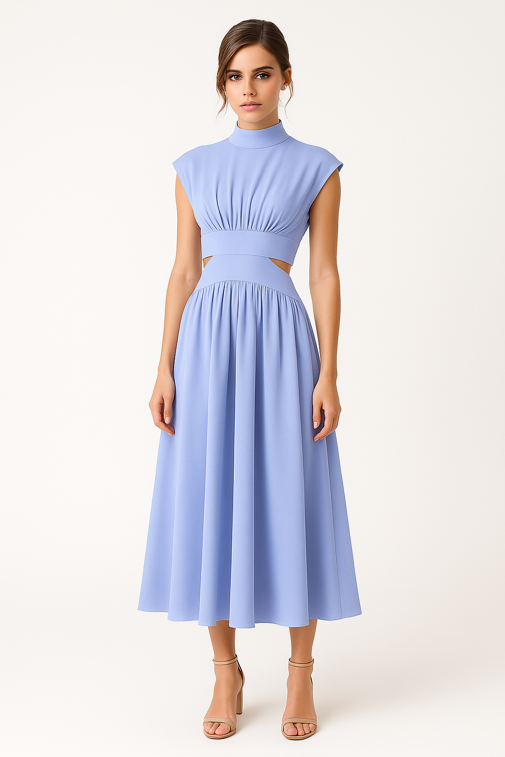 Midi Dress with a Cut-Out Waist and High Neckline